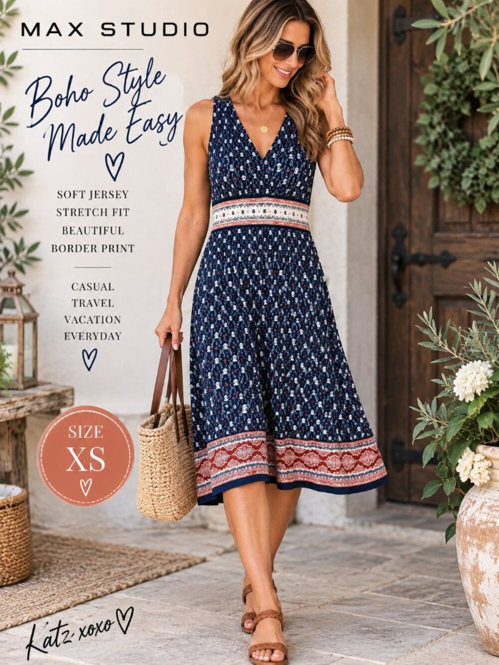 Max Studio Navy Border Print Dress XS Stretch Jersey Boho Sleeveless Artsy Midi